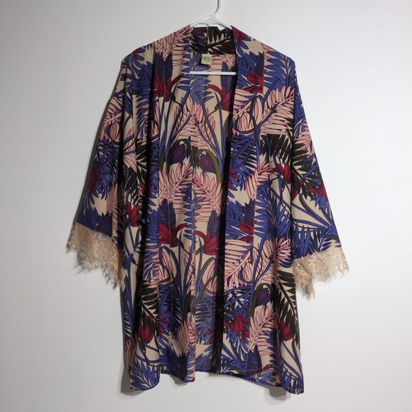 Japna Lounge Kimono Cardigan Womens Medium Tropical Leaves Lace 3/4 Sleeve - Picture 2 of 10